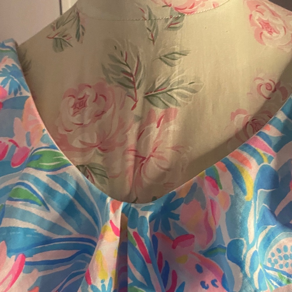 Lilly Pulitzer Ruffle-Neck Mini Dress in Coral, Aqua & Pink - Picture 4 of 10